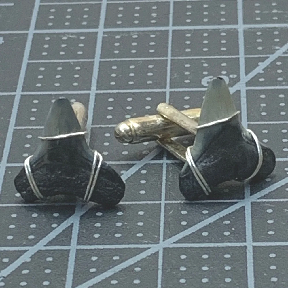 Shark Tooth Cufflinks‎ Silver Tone Wire Wrapped Nautical Gift
